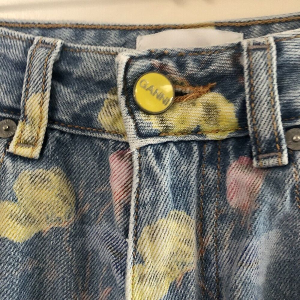 GANNI Floral Print Denim Core Magny Wide Straight Jeans Bleach Light Blue 25 - Picture 9 of 15